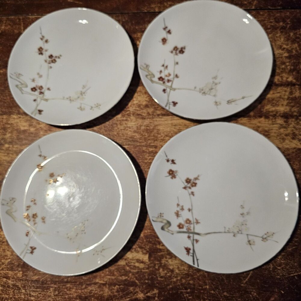 Koshida Kyoto porcelain CHERRY BLOSSOMS 4 Plates 8" Painted Japan Vtg